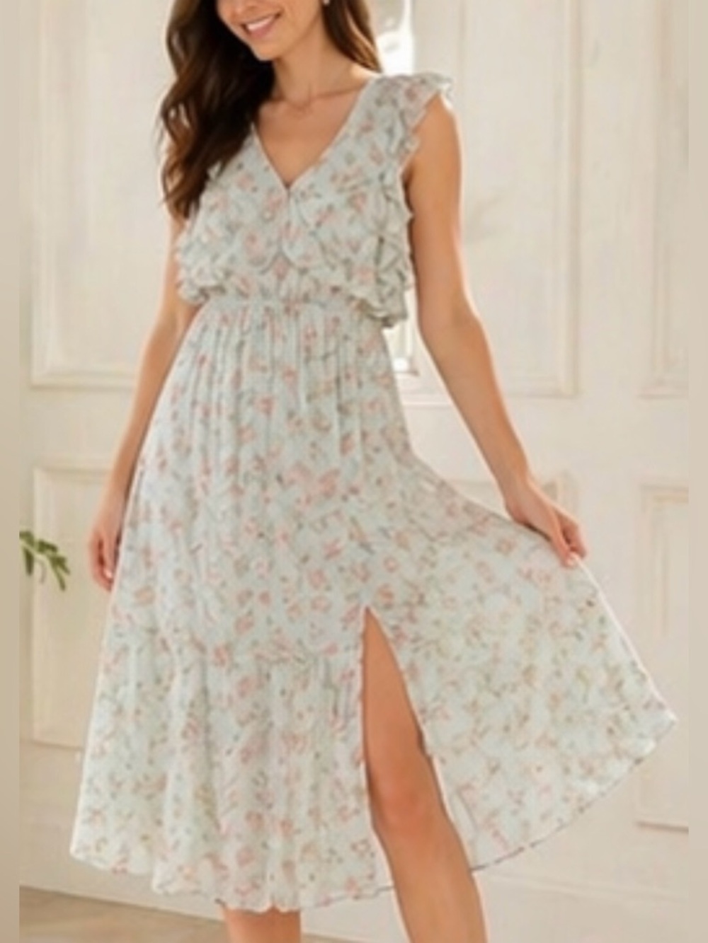 Dex NWT Ruffle Floral Midi Dress Tie Back Green Pink Size S Flowy - Picture 3 of 15